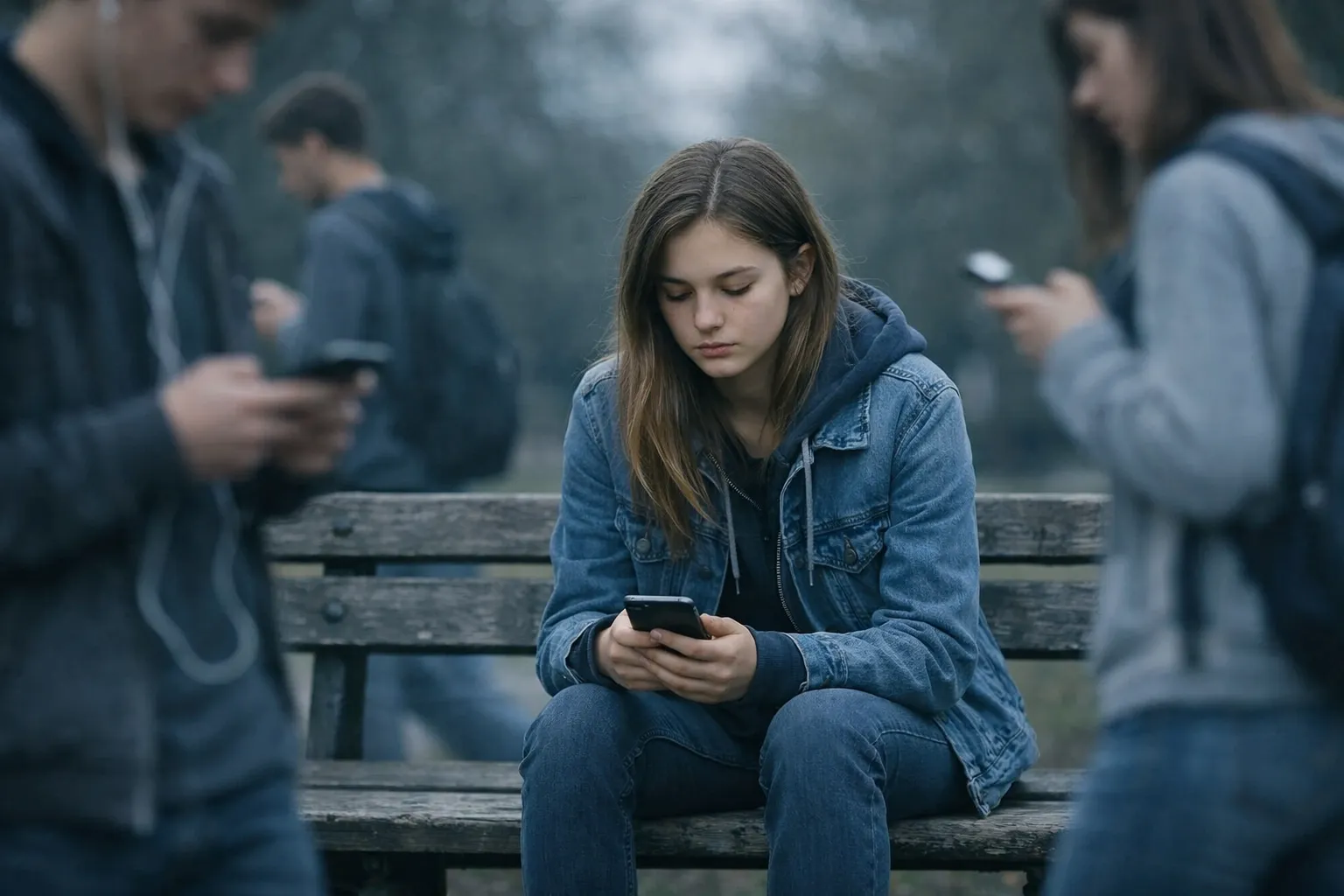 Lonely teenage girl looking at smartphone on park bench, illustrating youth mental health and digital isolation