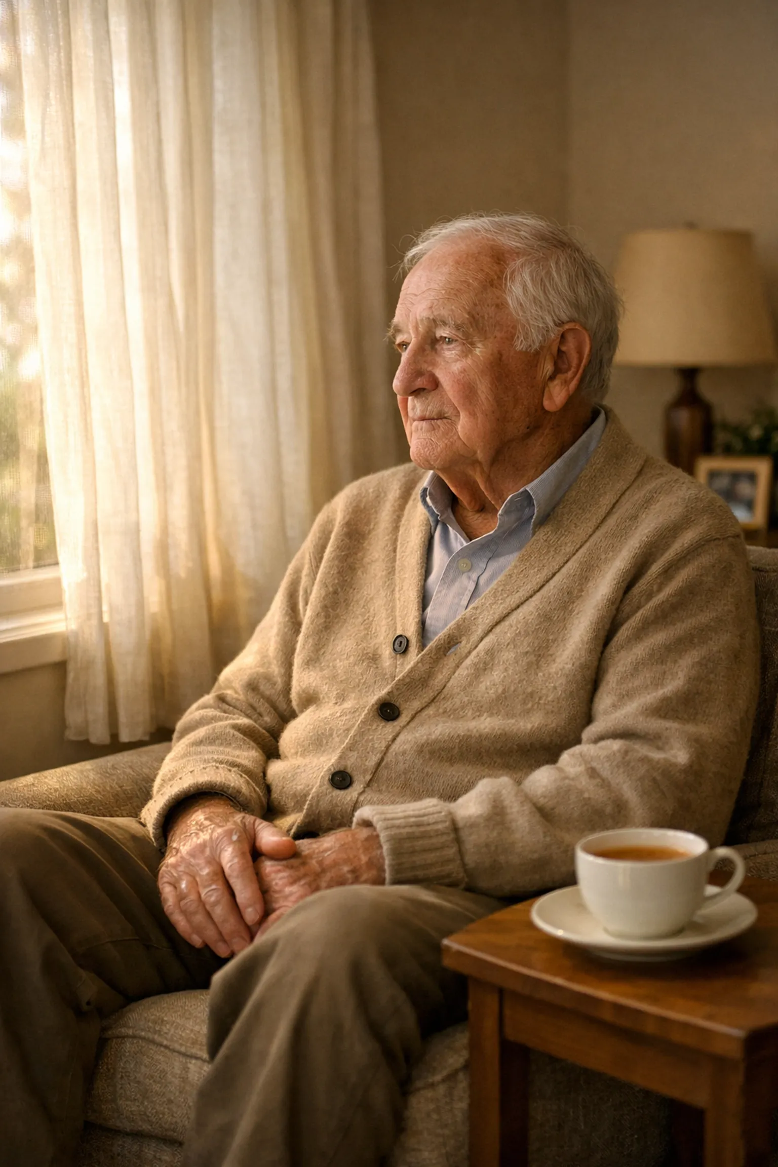 Elderly man sitting alone by window reflecting senior isolation and loneliness crisis