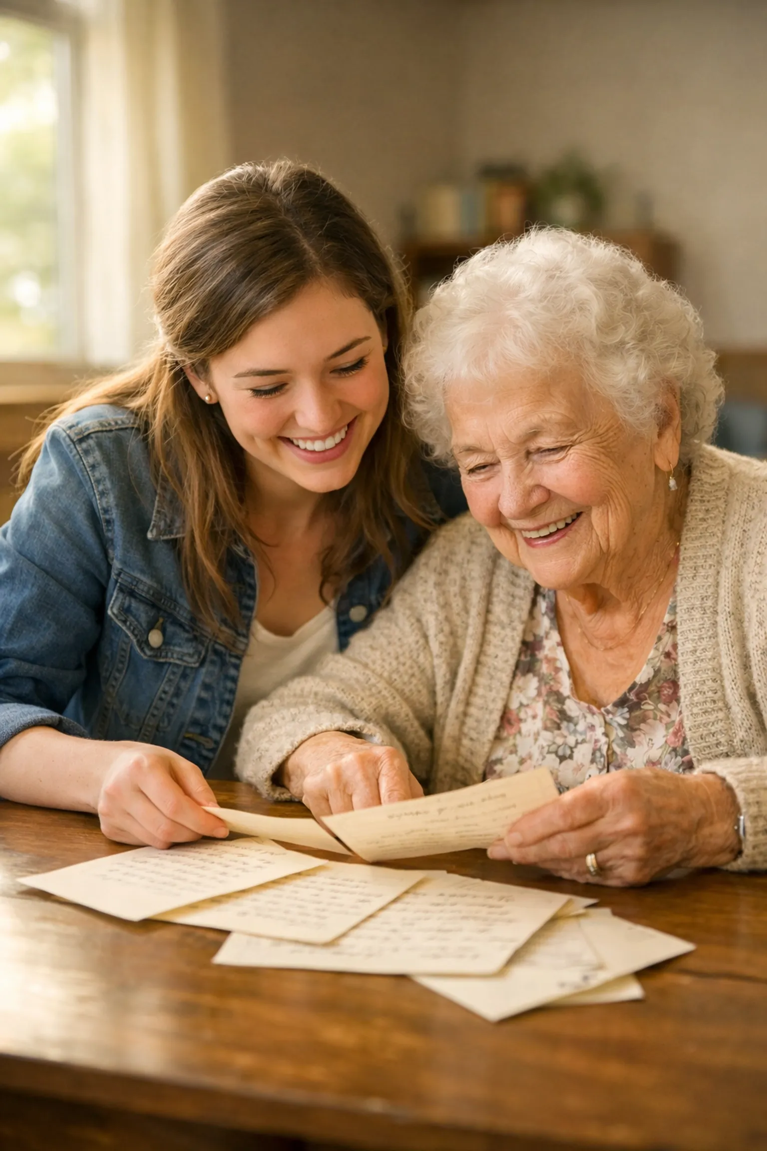 Young woman and elderly woman smiling over handwritten letters showing intergenerational connection