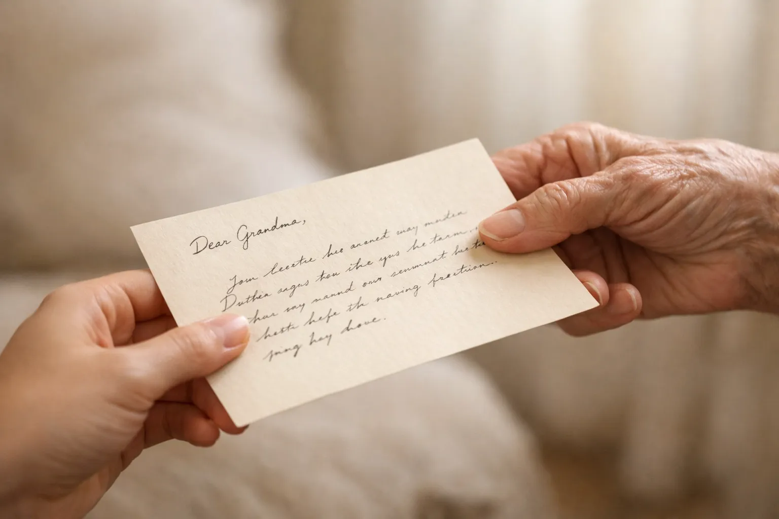 Young and elderly hands exchanging handwritten letter symbolizing intergenerational connection