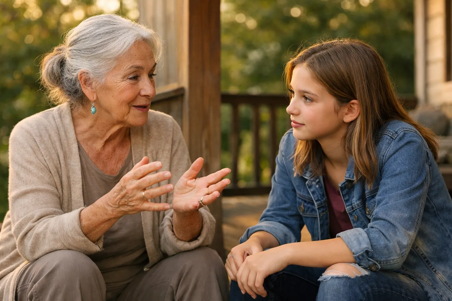 Elderly woman sharing life stories with a teenage girl on a sun-drenched porch, bridging the wisdom gap.