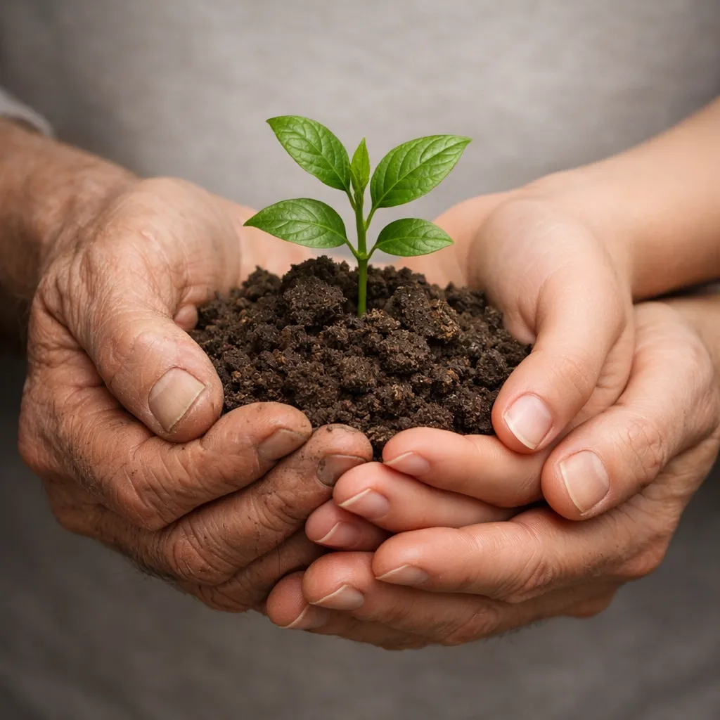 Older and younger hands holding a green sapling, representing the quiet growth of kindness and shared stories.