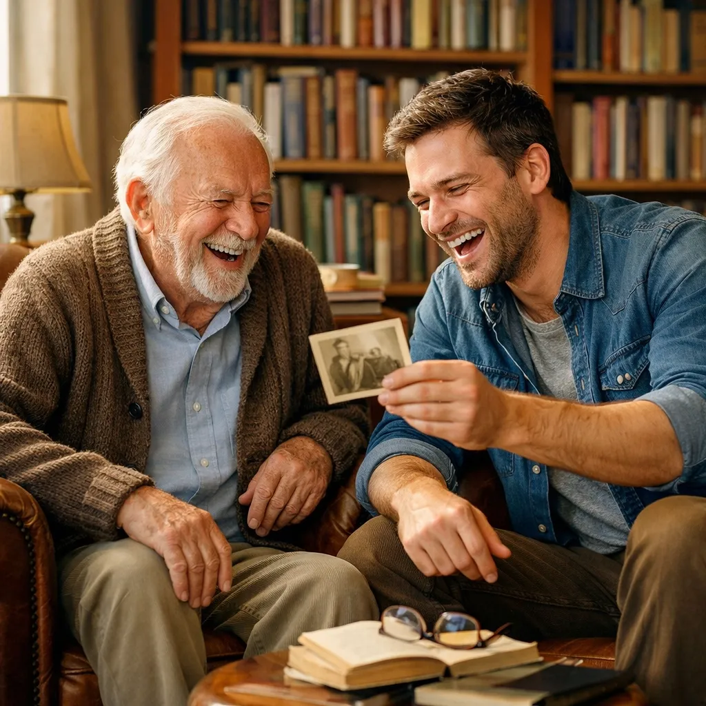 Senior and young adult laughing while sharing photographs in a library, celebrating intergenerational connection.