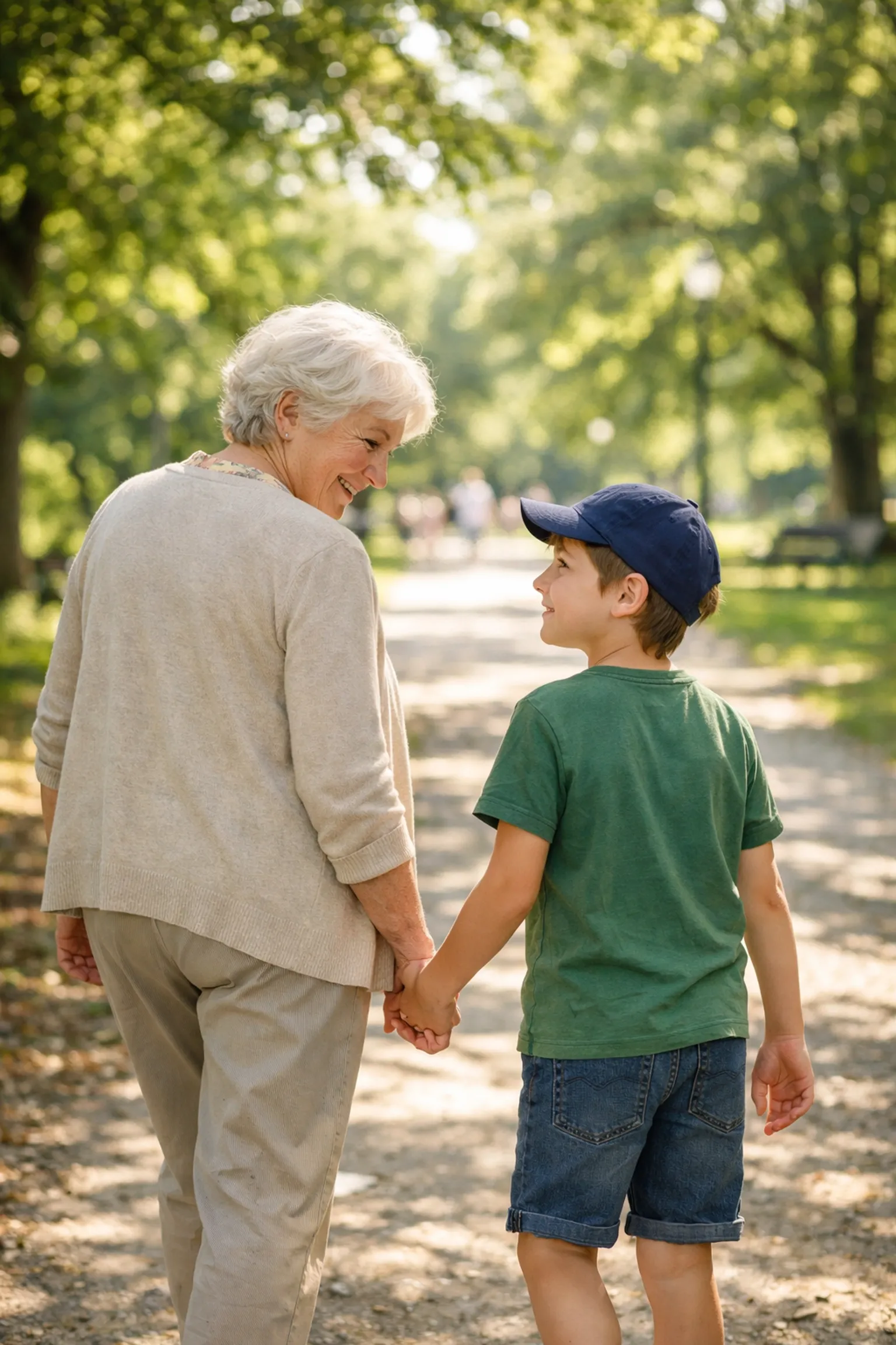 Elderly woman and young boy walking in a sunlit park, symbolizing a shared journey and community connection.