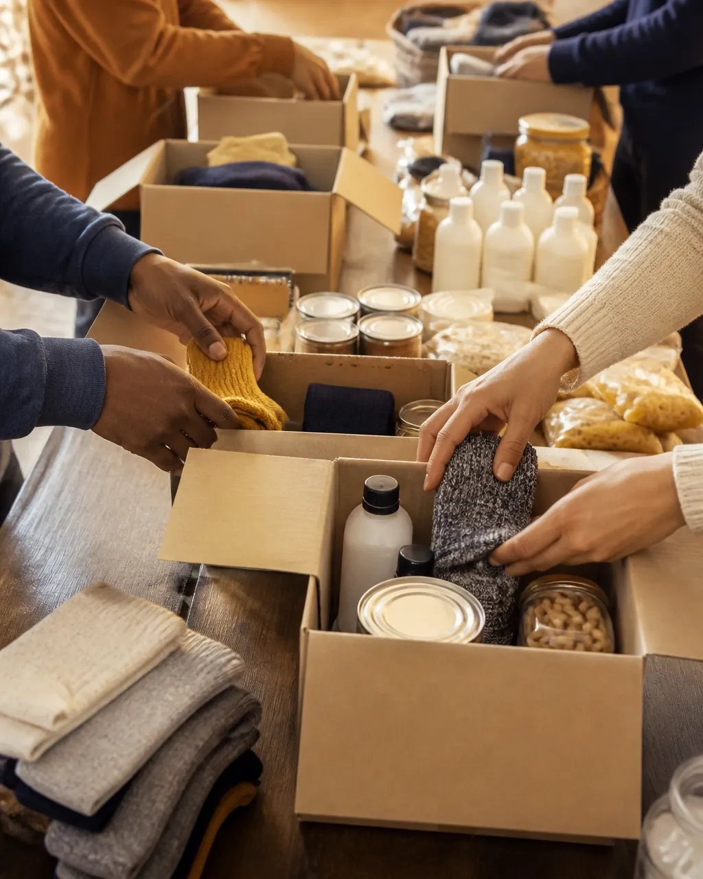 Volunteers pack care kits and household supplies into boxes at a community center.