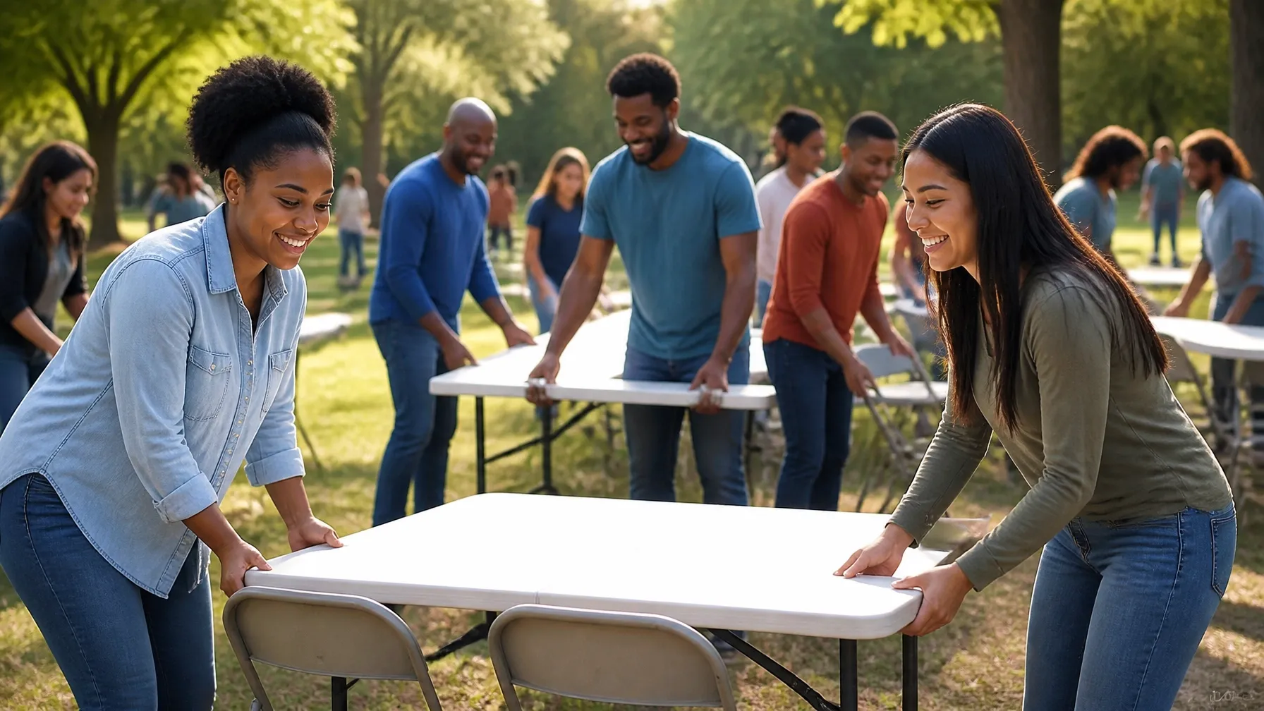 Volunteers smiling as they set up folding tables together at an outdoor event in a park