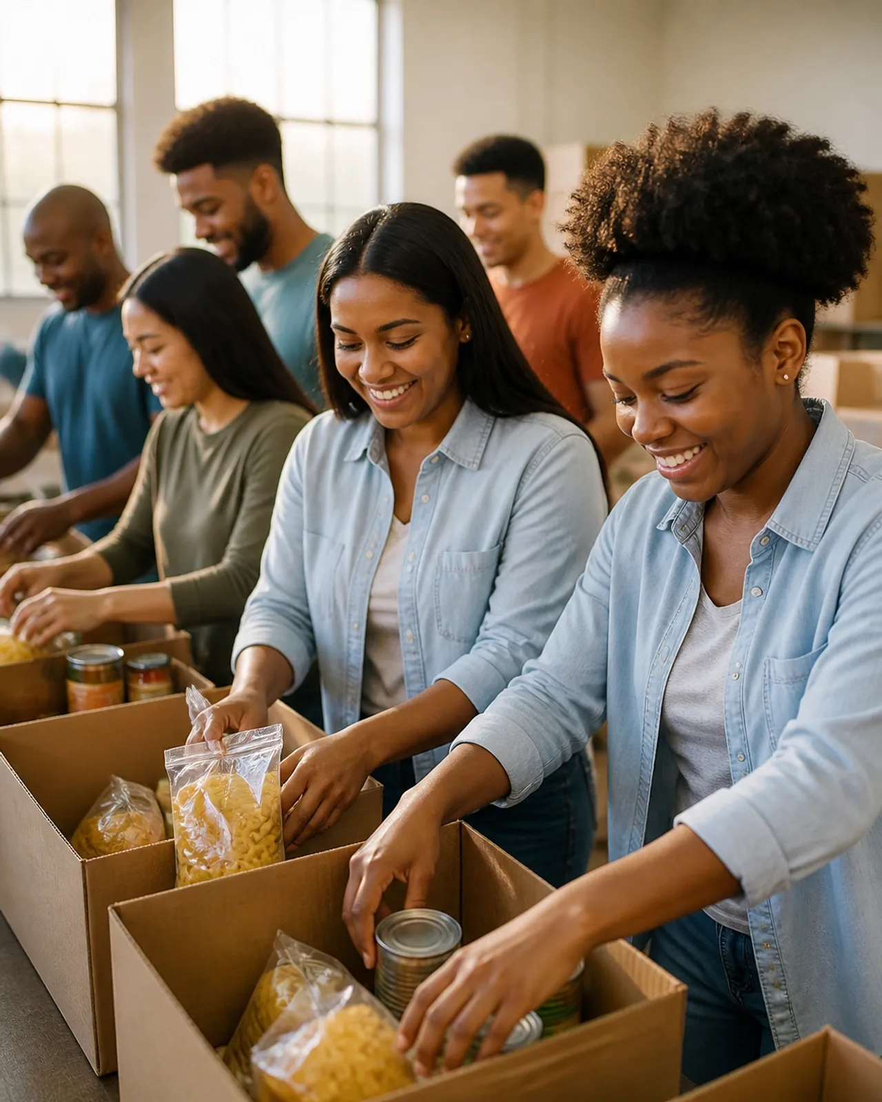 Volunteers packing boxes of donated food and goods at a community center