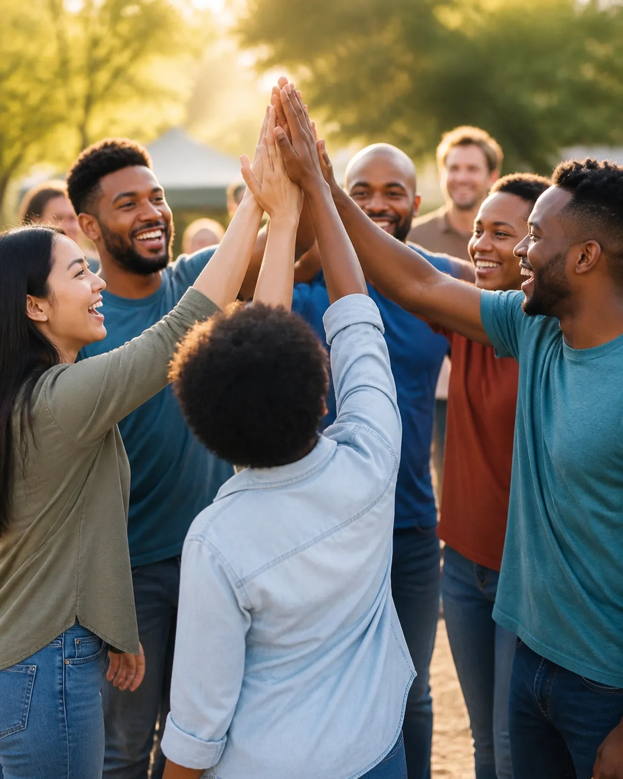 Diverse group of volunteers celebrating with a group high five outdoors at golden hour