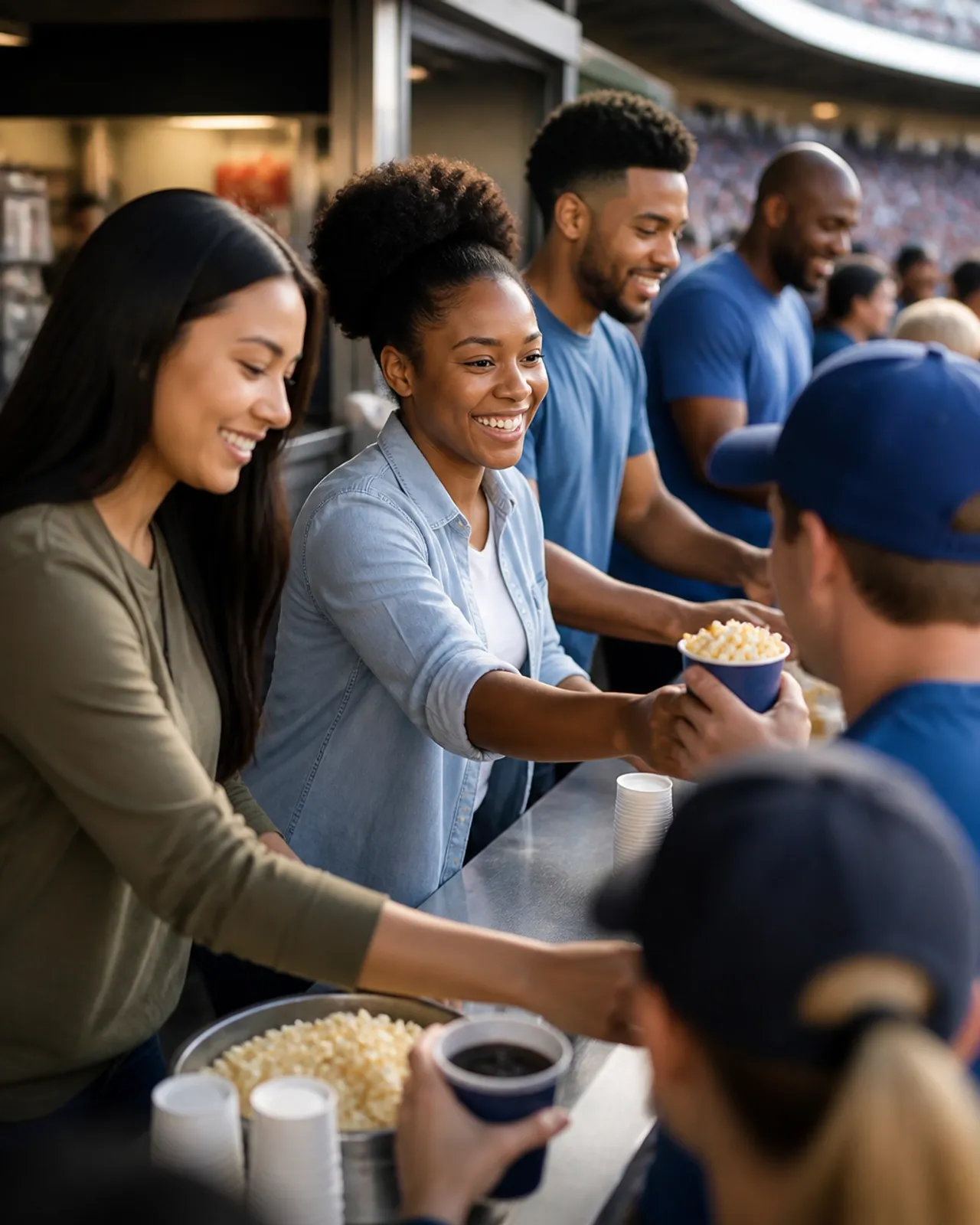 Volunteers serving popcorn and drinks at a stadium concession stand during a fundraising event