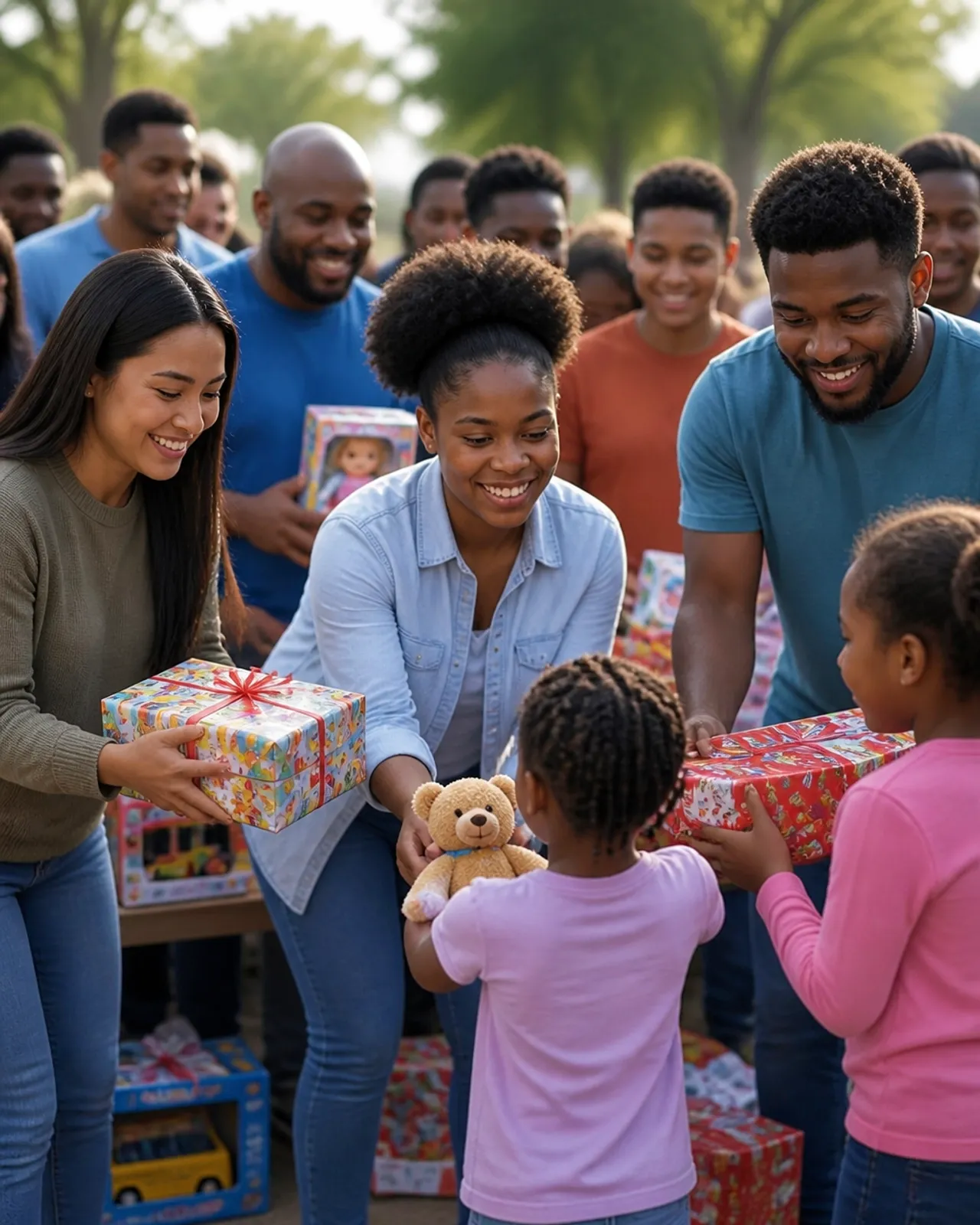 Volunteers handing wrapped toys and a teddy bear to smiling children and families at a community giveaway