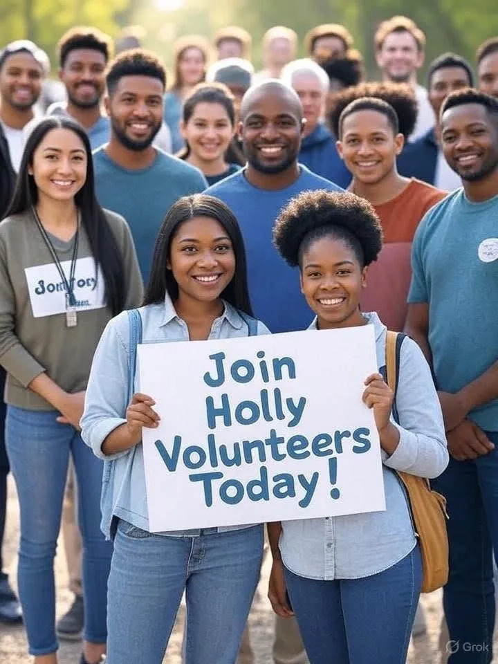 Smiling volunteers holding a “Join Holly Volunteers Today!” sign at a community event